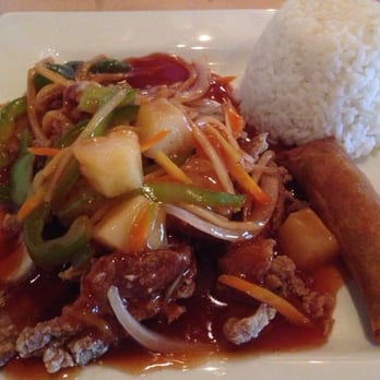 HakkaChow - Sweet and Sour Pork with white rice and an egg roll! - Asian Fusion Near Me - Winston-Salem, North Carolina