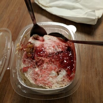 Vivares - Tres leches with strawberry syrup. We got it to go so it looks a little scrunched, but tasted AMAZING. - Spanish Near Me - Madrid, M