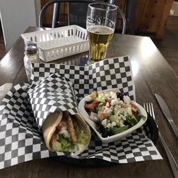 Chicken souvlaki with side Greek salad Chicken souvlaki with side Greek salad