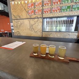 Beer flight in front of the taps and menu