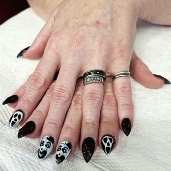 Cutie Nails & Spa - Jenny knocked it out of the park with these nails!! Ghost Face! ART! X! Bloody accents! Thank you Jenny for an amazing job, as always! - Nail Salons Near Me - Lomita, California Cutie Nails & Spa - Jenny knocked it out of the park with these nails!! Ghost Face! ART! X! Bloody accents! Thank you Jenny for an amazing job, as always! - Nail Salons Near Me - Lomita, California