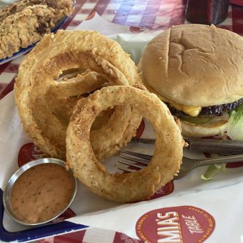 Mia's Table - Cheeseburger + onion rings - American Near Me - Katy, Texas