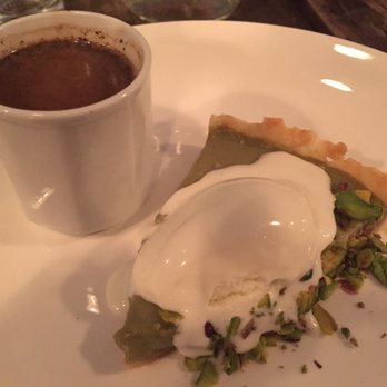 Dalida - Pistachio Tart, kaymak ice cream and a "Mesopotamian coffee - Mediterranean Near Me - San Francisco, California