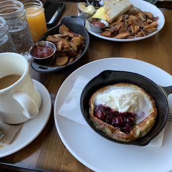 Pickled Fish Restaurant - From front to back: Dutch baby (absolutely DEVINE!), fingerling breakfast potatoes, and local's plate. - New American Near Me - Long Beach, Washington