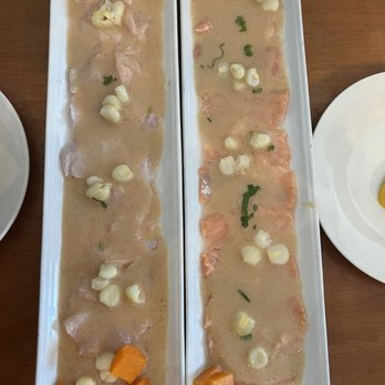 Ceviche Barrio Peruvian Cuisine - Tiradito de pescado (right) and salmon (left) - Peruvian Near Me - Fort Lauderdale, Florida Ceviche Barrio Peruvian Cuisine - Tiradito de pescado (right) and salmon (left) - Peruvian Near Me - Fort Lauderdale, Florida