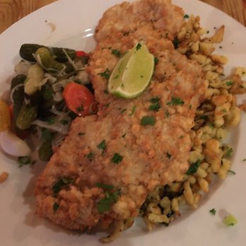 Farm Table - Schnitzel with herbed spaetzle, pickled veggies and kraut - New American Near Me - Wake Forest, North Carolina