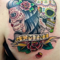 Gemini sugarskull tattoo done by Dave Wood Gemini sugarskull tattoo done by Dave Wood