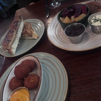 The Dandelion - Crab Croquettes And Disappointing Cold Coagulated Welsh Rarebit in the background - Gastropubs Near Me - Philadelphia, Pennsylvania The Dandelion - Crab Croquettes And Disappointing Cold Coagulated Welsh Rarebit in the background - Gastropubs Near Me - Philadelphia, Pennsylvania