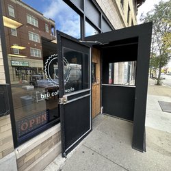 Brü Coffeeworks - Exterior. Order window with winter wind shield. No customers inside (Oct 2022)