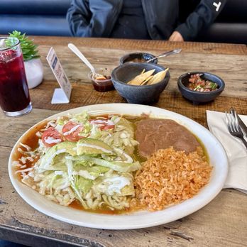 Chilaquilicious - Green chicken and red cheese enchiladas with rice and beans - Mexican Near Me - Azusa, California