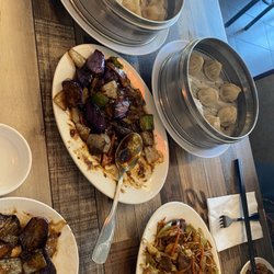 Ma's Dumpling House - 1. Juicy Pork Dumpling, 6. Steamed Shrimp & Pork Dumpling, 103. Eggplant in Brown Sauce, Combination chow mein.