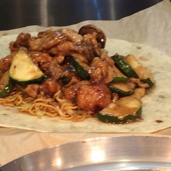 Panda Express Innovation Kitchen - Bing with orange chicken, mushroom chicken and chow mien - Chinese Near Me - Pasadena, California
