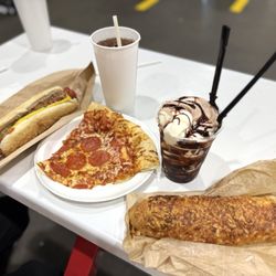 Costco - Hot dog, pepperoni pizza, iced tea, chocolate sundae, chicken bake