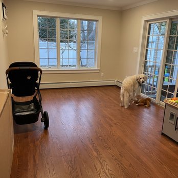 Murphy Construction - New family room - The image shows a spacious living room with hardwood flooring and neutral-colored walls. There is a large window on one wall and a sliding glass door on another, both providing natural light and outdoor views. A dog is standing near the sliding door, looking toward the camera, with a stuffed toy on the floor nearby. The room contains minimal furniture, including a stroller in the corner, and has ceiling lights turned on. The setting appears to be a residential home interior. - General Contractors Near Me - Oceanside, New York