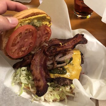 Maple and Motor - Cheeseburger with bacon and grilled jalapeños and onions. - Burgers Near Me - Dallas, Texas Maple and Motor - Cheeseburger with bacon and grilled jalapeños and onions. - Burgers Near Me - Dallas, Texas