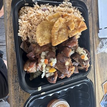 Chef Creole Seasoned Kitchen - Griot (Fried Pork) with Rice & Red Beans and fried plantain - Seafood Near Me - Miami, Florida