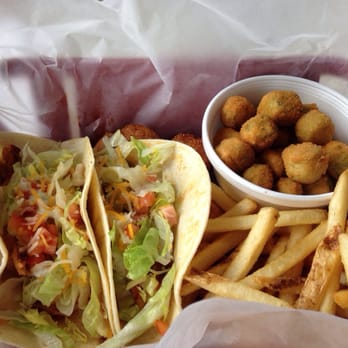 Shrimp Basket - Blackened mahi tacos with French fries and fried okra - Seafood Near Me - Foley, Alabama Shrimp Basket - Blackened mahi tacos with French fries and fried okra - Seafood Near Me - Foley, Alabama