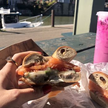 Bruegger's Bagels - Salmon Bagel Sandwich, sub capers with cucumbers - Bagels Near Me - Fairport, New York