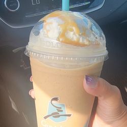 Caribou Coffee - Vanilla White Mocha Cooler, with full shot of Carmel