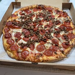 Tuesday Large Pizza special with 4 toppings. This is double pepperoni and beef Tuesday Large Pizza special with 4 toppings. This is double pepperoni and beef