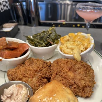 Fixins Soul Kitchen - Fried chicken, Mac and cheese, greens, yams, and a biscuit - Soul Food Near Me - Tulsa, Oklahoma