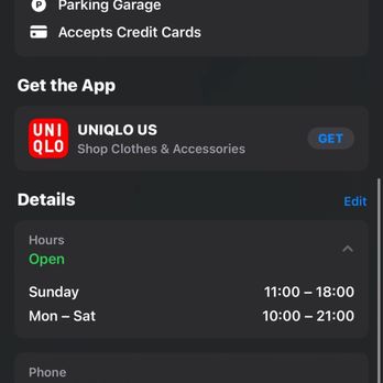 UNIQLO - picture of the hours online when you first look it up on apple maps - Men's Clothing Near Me - Emeryville, California UNIQLO - picture of the hours online when you first look it up on apple maps - Men's Clothing Near Me - Emeryville, California