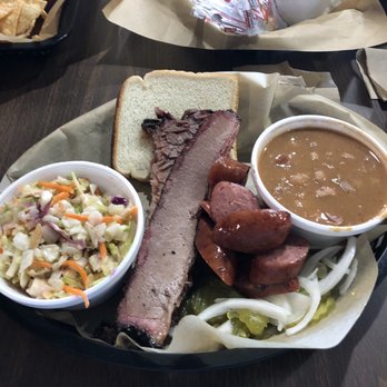 The Back Porch BBQ - The Brisket Plate with beans and "Porch" slaw. The sausage was an extra surprise. - Barbeque Near Me - La Grange, Texas