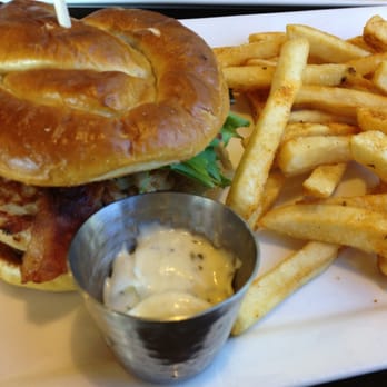 Great Lakes Brewing - Chicken sandwich on a pretzel roll. Dry chicken but flavorful. - American Near Me - Cleveland, Ohio Great Lakes Brewing - Chicken sandwich on a pretzel roll. Dry chicken but flavorful. - American Near Me - Cleveland, Ohio
