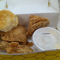 Chicken Express - Thursday special $8 three pieces dark meat, mashed potatoes and gravy, biscuit. Small pieces were kind of dry. Large piece was juicy.