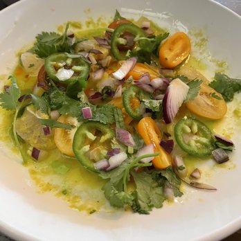 Red Light Lounge - Aguachili Amarillo - corvina, aji Amarillo, jalapeño, cilantro, red onion, cherry tomato, chips! - New American Near Me - Tucson, Arizona