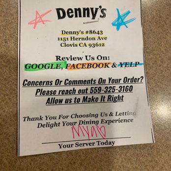 Denny's - Comment card - American Near Me - Clovis, California