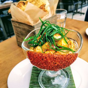 Leña Brava - Classic Coctel - grilled Spanish octopus, Hudson canyon scallops, lime-cured Florida pink shrimp, tomato coctel sauce, Tajin rim - Seafood Near Me - Chicago, Illinois