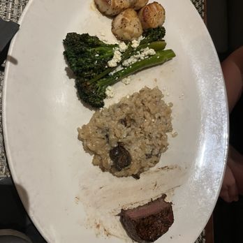 J. Gilbert's Wood-Fired Steaks & Seafood - 4 oz filet with scallops/broccolini/risotto - Seafood Near Me - Des Peres, Missouri J. Gilbert's Wood-Fired Steaks & Seafood - 4 oz filet with scallops/broccolini/risotto - Seafood Near Me - Des Peres, Missouri