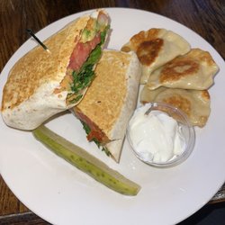 Brewskis Coffee & Bar - Cheese and potato pierogi and hummus wrap