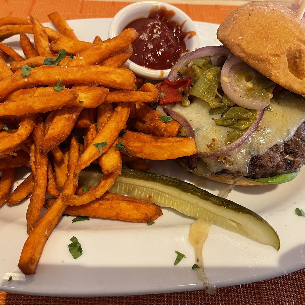 Blue Heron Restaurant - Green Chili Buffalo burger with sweet potato fries - New American Near Me - Santa Fe, New Mexico Blue Heron Restaurant - Green Chili Buffalo burger with sweet potato fries - New American Near Me - Santa Fe, New Mexico