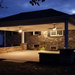 Neiderer's Exteriors - Large Patio Roof with ceiling fans, soffit, and PVC vinyl wrapped wood posts and beams for long lasting maintenance free protection.