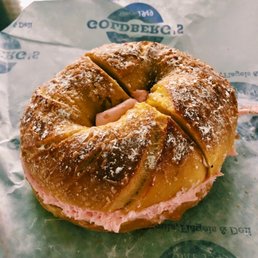 French toast bagel with strawberry cream cheese -- perfection. French toast bagel with strawberry cream cheese -- perfection.