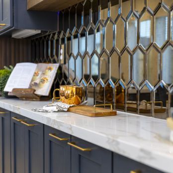 AShah Designs - #bararea #customdesigned #Ashahdesigns #Quartzcountertop #mirrored #backsplash #ledlights #shelves #cabinets - Interior Design Near Me - Humble, Texas