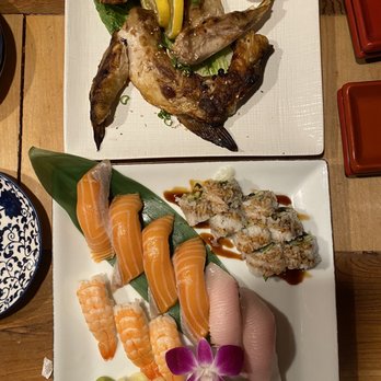 Sushi In Joy - Top photo: Hamachi cheeks special  Bottom photo: Nigiri--salmon, hamachi and ebi; Unagi roll - Sushi Bars Near Me - Bellevue, Washington