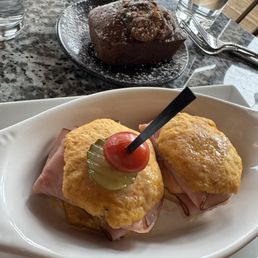 Sweet potato biscuit/ham slider and the banana bread. Yum. Sweet potato biscuit/ham slider and the banana bread. Yum.