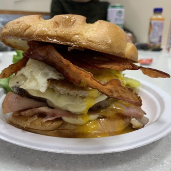 Pink Shop Diner And Grill - The Farm. Double bacon Cheeseburger with Ham, Egg, and Sausage. - Breakfast & Brunch Near Me - American Fork, Utah Pink Shop Diner And Grill - The Farm. Double bacon Cheeseburger with Ham, Egg, and Sausage. - Breakfast & Brunch Near Me - American Fork, Utah