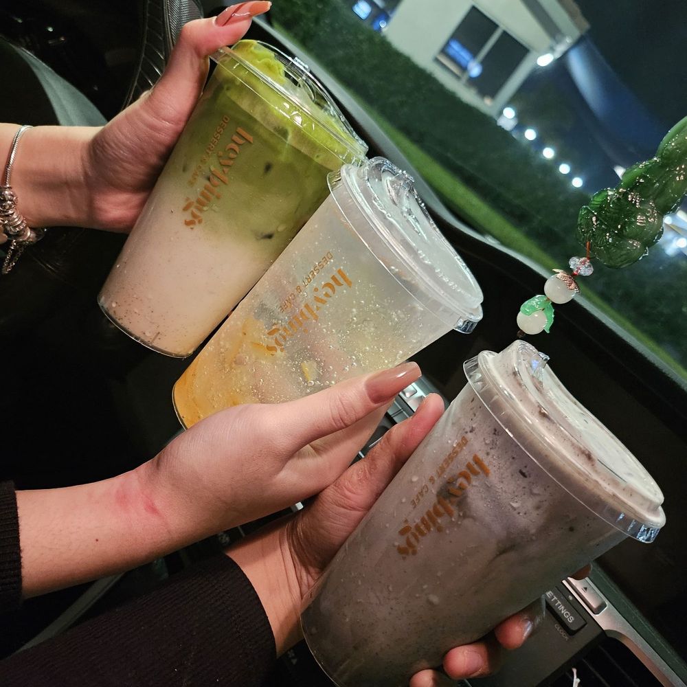 Heybings - Matcha latte, Yuzu honey refresher, Sesame latte (left to right) - Desserts Near Me - Costa Mesa, California Heybings - Matcha latte, Yuzu honey refresher, Sesame latte (left to right) - Desserts Near Me - Costa Mesa, California
