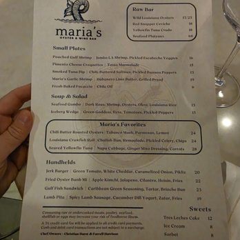 Maria's Oyster Bar - Menu front - Seafood Near Me - New Orleans, Louisiana