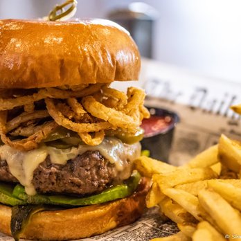 Bar Code Burgers - Green Chile Cheese Burger : Roasted Poblano Peppers, Pickled Jalapeños, Crispy Fried Onions, Avocado, Habanero Jack Cheese & Fries.  So good - Burgers Near Me - Las Vegas, Nevada