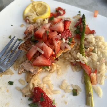 Luke's On Front - Salmon with strawberry salsa and what was supposed to be risotto but is just plain rice - New American Near Me - Temecula, California