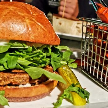 The Roasted Garlic - Black Bean Burger w/Arugula, Roasted Garlic Mayo & Sweet Potato Fries! - American Near Me - Pittsfield, Massachusetts