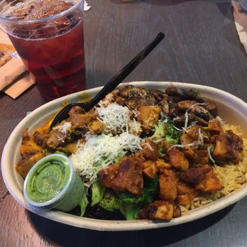 Bolay - Large bowl and ice tea. Rice, mashed sweet potato, mushrooms, broccoli, tofu, chicken and Parmesan cheese. - New American Near Me - Boca Raton, Florida