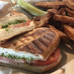 Margarita Panini, fresh cut fries, and a kosher dill pickle spear.