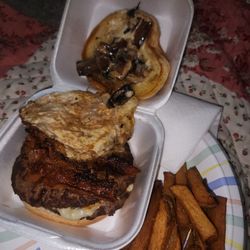 Harden’s Hamburgers & More - Mushroom burger with homemade fries added egg and bacon