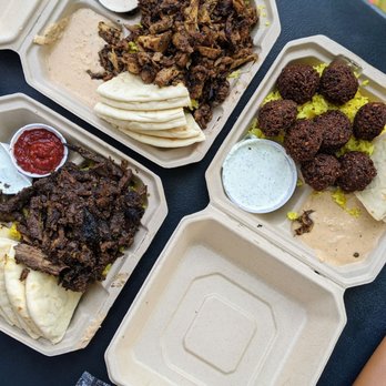 Skewers - Beef/lamb shawarma on left. Chicken shawarma on top. Falafel on right. - Food Trucks Near Me - Spokane, Washington